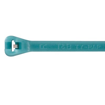 High Performance Cable Tie, Aquamarine Fluoropolymer ETFE for Temperatures up to 150 Degrees Celsius (302 F), Length of 185mm (7.3 Inches), Width of 4.3mm (0.17 Inch), Thickness of 1.8mm (0.07 Inch), Tensile Strength Rating of 222 Newtons (50 Pounds), Bulk Pack