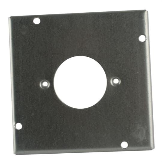 Square Box Surface Cover, 7.5 Cubic Inches, 4-11/16 Inch Square x 1/2 Inch Deep, 1-3/4 Inch Diameter Hole, Galvanized Steel, For use with #3330-30A 250 V Twist-Lock Receptacle