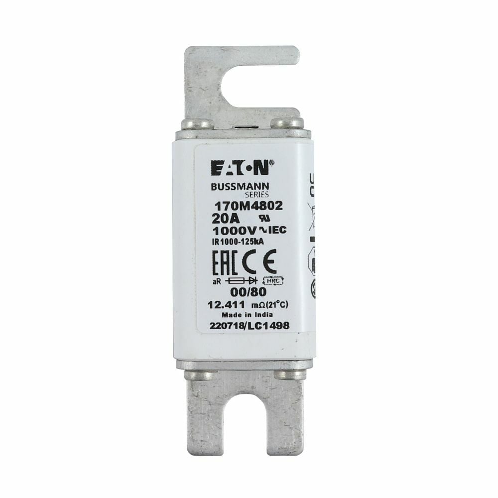Eaton Bussmann series high speed square body fuse,20A,125 kAIC,Class aR,Blade end X Din 43-620 blade end,DIN 43 620,Standard,Clearing at 1000V: 140,square body with centre-bolted tags (slotted),Top fuse status indicator,20,5W