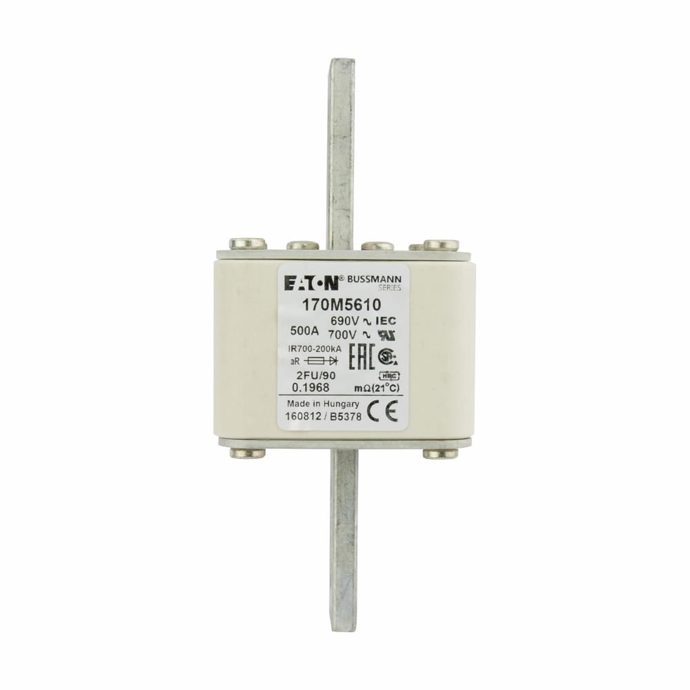 Eaton Bussmann series high speed square body fuse, 700V (UL), 690V (IEC), 500A, 200 kAIC, None, Fuse, Blade end X blade end, Class aR - 170M5610