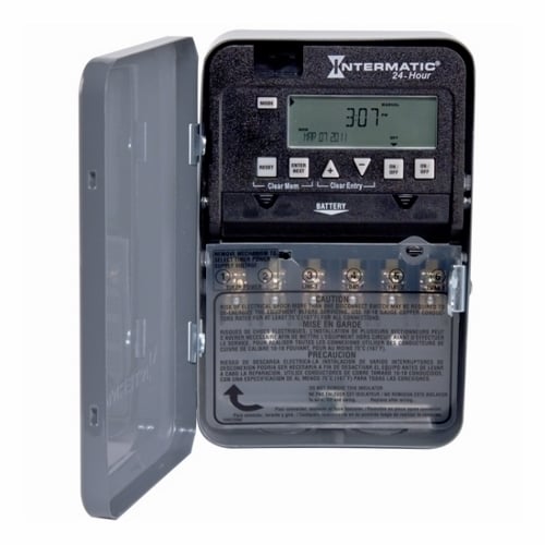 The 24HR 30A 2XSPSTORDPST 120-277V NEMA1 24-Hour Electronic Time Switches enable a program to be repeated on a daily basis. These time switches provide dependable and uncomplicated performance, plus to-the-minute programming for accurate load control and reduced energy costs. Up to 28 setpoints or events can be preset to automatically repeat. The program can be disabled at any time by placing the time switch in the Manual operating mode. Control buttons provide manual control of each circuit independently, regardless of the operating mode. All models come with two industrial-grade AAA alkaline batteries to provide time keeping and automatic carryover for a minimum of 3 years. The batteries are easily replaced in the field and do not require removing the time switch mechanism or field wiring. Each time switch is housed in a lockable enclosure to protect against vandalism and unauthorized tampering.