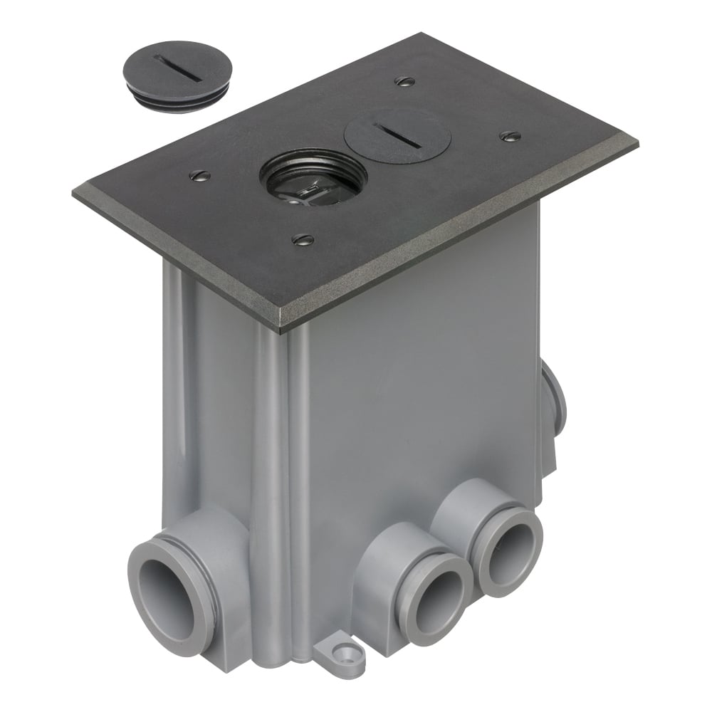 Non Metallic concrete floor box with non metallic covers for new concrete pours. Black with Threaded plugs. Includes Box, Mud Cover, Four 3-1/4 plugs, two 1" plugs, 1/8" spacer 1/4" spacer. one 1/2" spacer, one 3/4" spacer, Mounting bracket, Duplex receptacle, Gasketed cover plate.