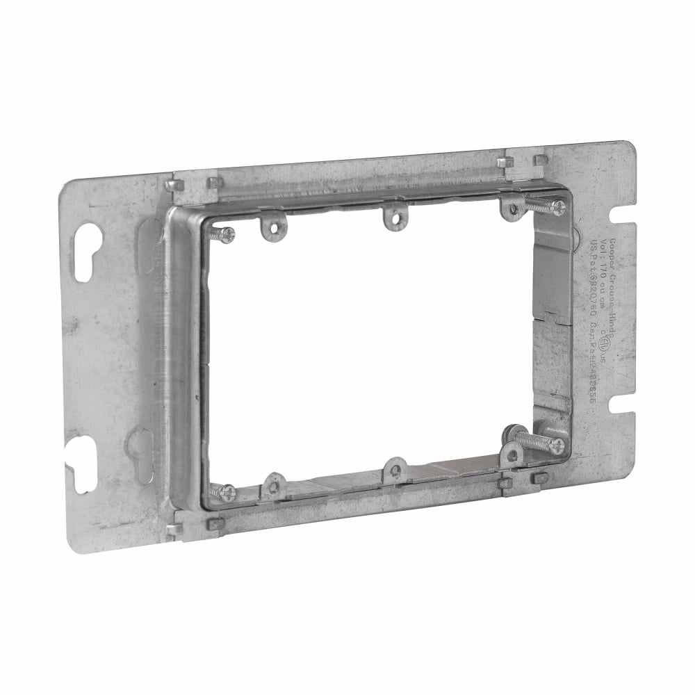 Eaton's Crouse-Hinds series Adjustable Mud Ring, 3/4" to 1-1/2" raised adjustable, Commercial grade, steel, three-gang, #8-32 screw hole, used with 4" square outlet boxes, 10.4 cubic inch capacity