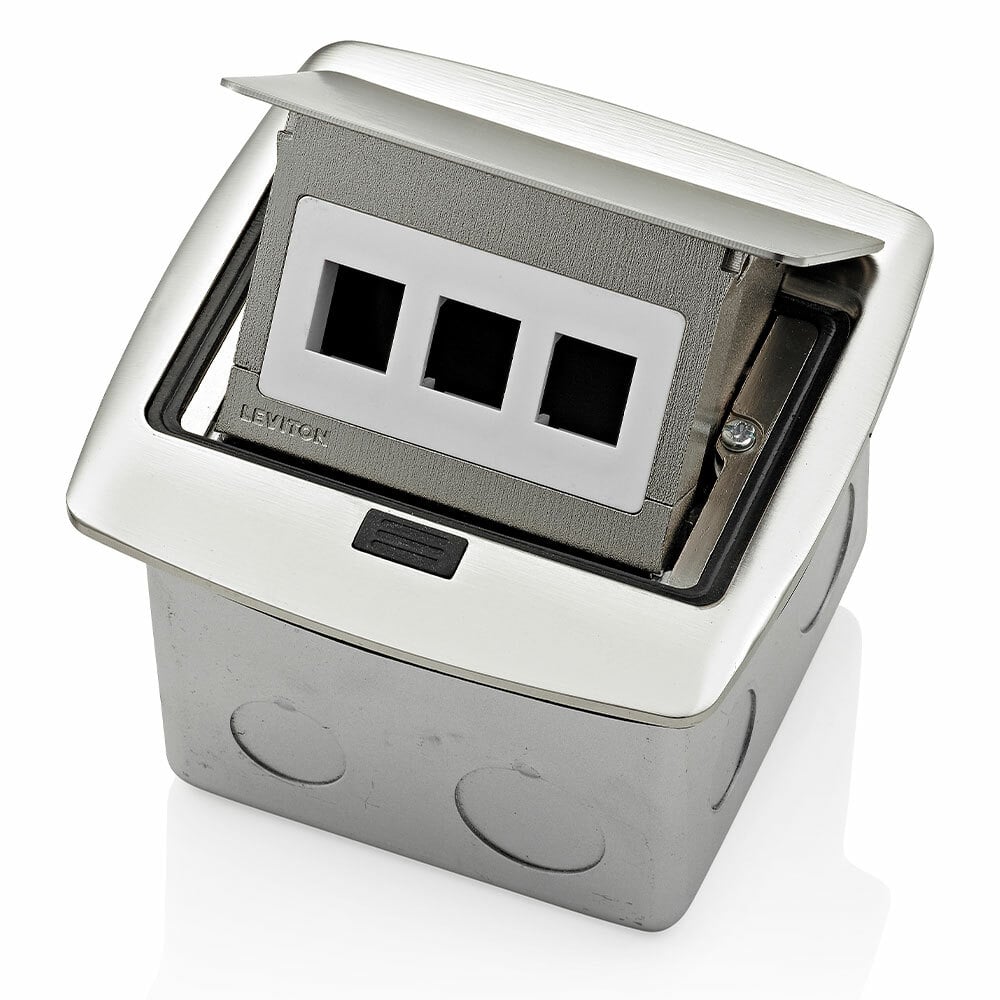Pop-Up Floor Box with QuickPort Decora Insert, 3-Port. Accepts all QuickPort snap-in modules, used to support voice, data, audio and video applications - Brushed Nickel
