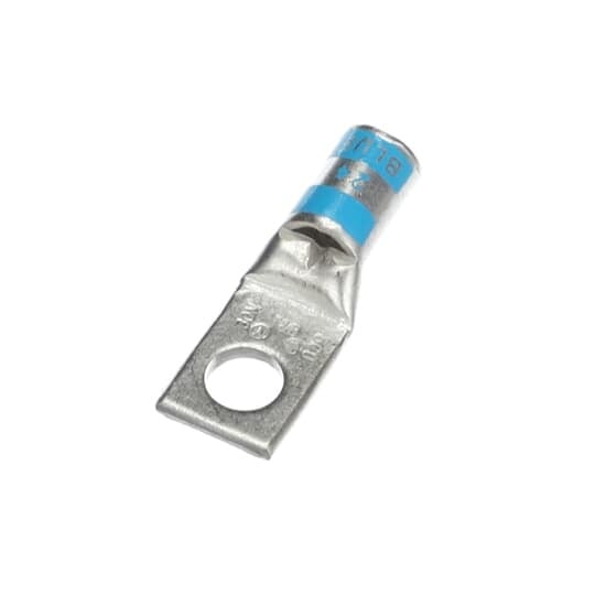 Copper One-Hole Lug, Standard Barrel, Peep Hole, Max 35kV, Wire Size #6 AWG Wire, 1/4 Inch Bolt Size, Tin Plated, Die Code 24, Die Color Code Blue