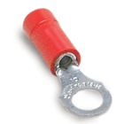 Vinyl-Insulated Ring Terminal, Length .97 Inches, Width .31 Inches, Maximum Insulation .150, Bolt Hole #8, Wire Range #22-#18 AWG, Color Red, Copper, Tin Plated