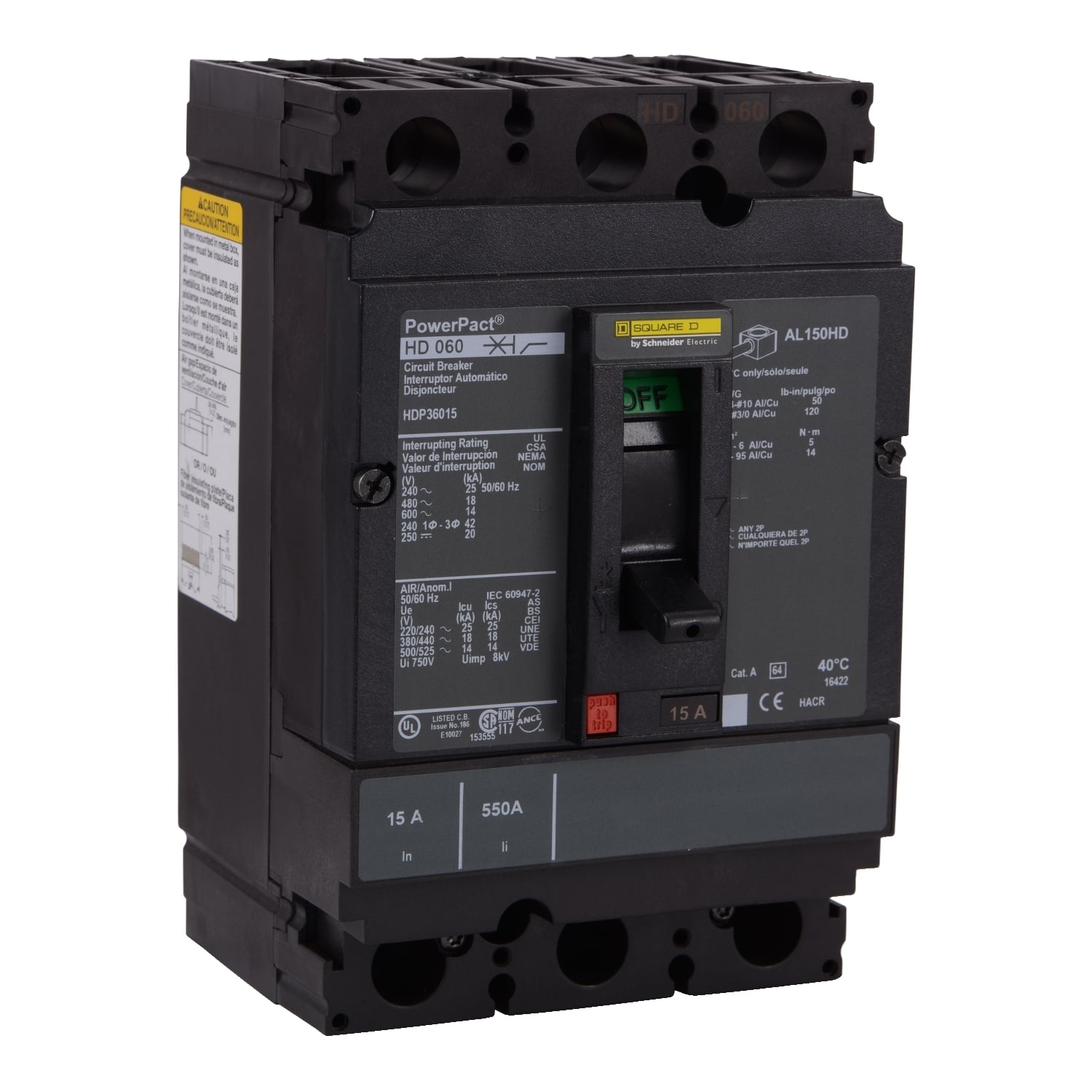 Circuit breaker, PowerPacT H, 100A, 3 pole, 600VAC, 14kA, lugs, thermal magnetic, 80%