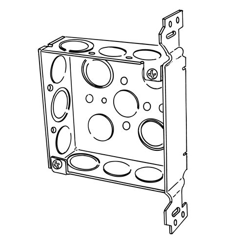 Boxes,4"  Square, 1-1/2" Deep, Material:  Steel, Welded, plain vertical bracket, Volume: 21 Cubic Inch, Sides Knockout: 6@1/2", 3@Eccentric KO, 2@1/2", 2@Eccentric KO, UL Standard: 514A, UL Listed: E2527, NEMA:OS-1