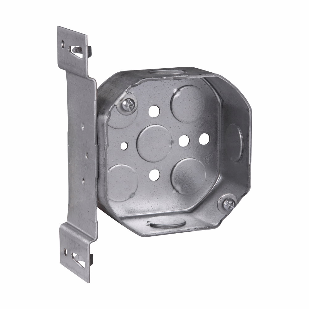 Eaton Crouse-Hinds series Octagon Outlet Box, (5) 1/2", 4", S, set 1/2", Conduit (no clamps), 1-1/2", Steel, (3) 1/2", Fixture rated, 15.5 cubic inch capacity