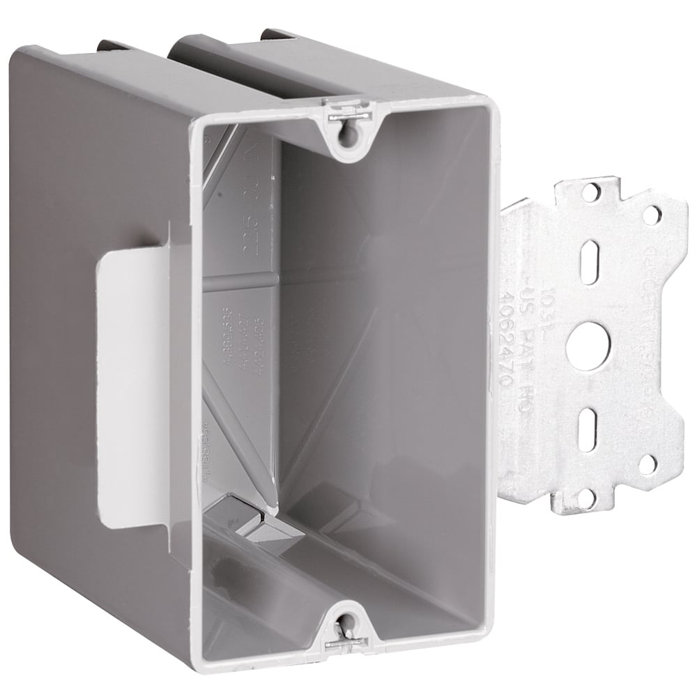 Single Gang, Deep Bracket Box for Wood and Steel Studs with Quick/Click Entries. 3/8 offset for wood and steel stud mounting. For use with 3/8 to 5/8 wallboard. 100 pack.