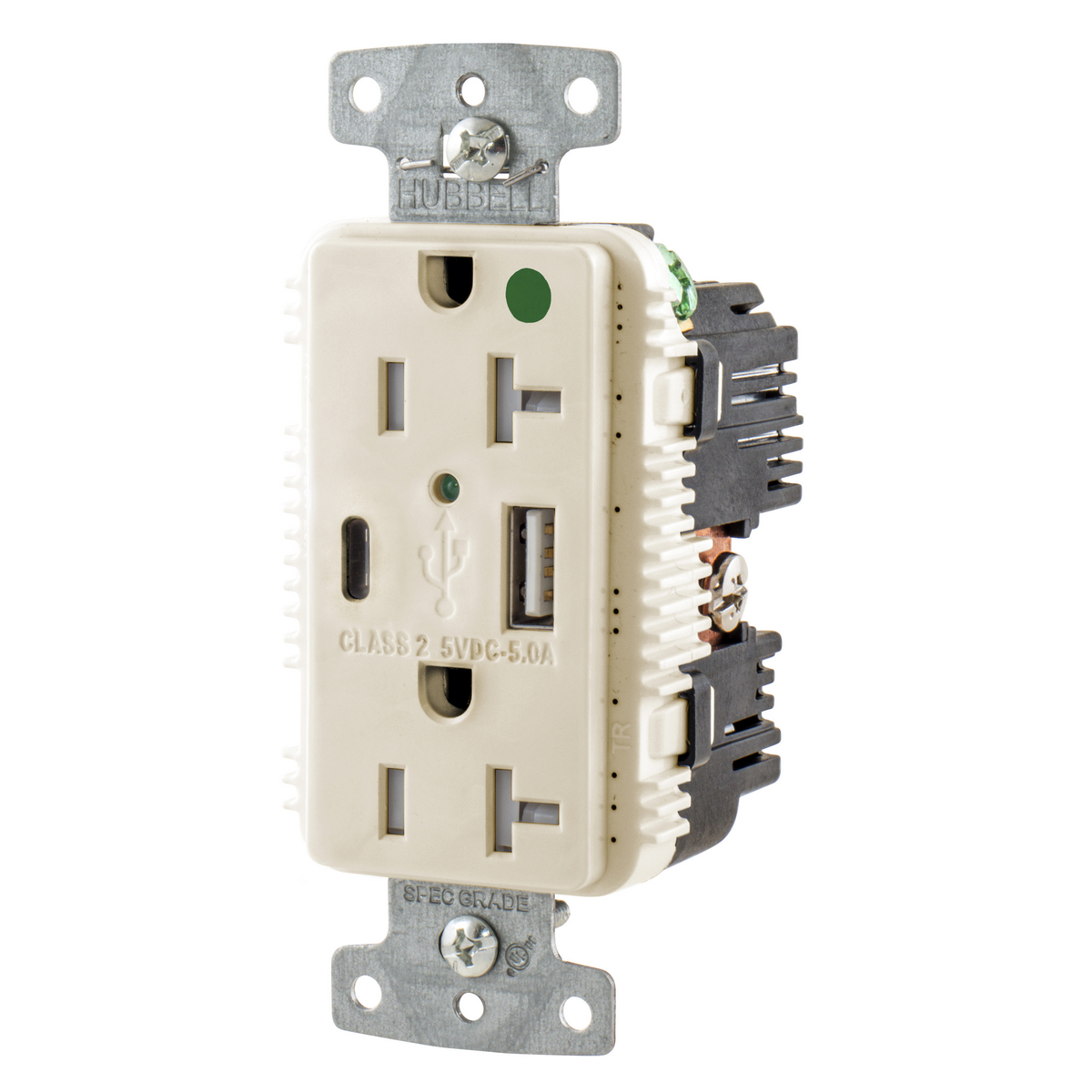 USB Charger Duplex Receptacle, HospitalGrade, 20A 125V, 2-Pole 3-Wire Grounding, 5-20R, 1) 5A "C" USB and "A"Ports, Light Almond