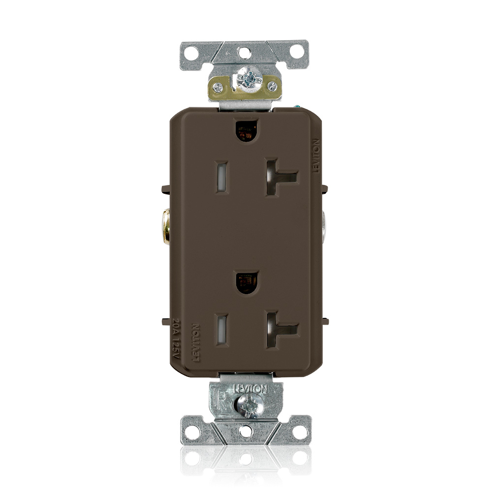 20 Amp, 125 Volt, Tamper Resistant, Decora Plus Duplex Receptacle, Straight Blade, Commercial Grade, Self Grounding, Brown