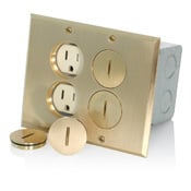 Floor Box Assembly, 1-gang, Includes Brass Floor Plate, Gasket (1),  Screw  Caps (4),  O - Ring (4), Electrical Box (1) And Ivory  Duplex  Receptacle (2 - TBR15-I) 15A-125V, 2-Pole, 3-wire, Grounding, NEMA 5-15R