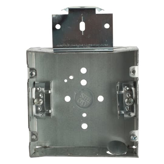 Square Box, 29.5 Cubic Inches, 4-11/16 Inches Square x 1-1/2 Inches Deep, 1/2 Inch and 3/4 Inch Eccentric Knockouts, Pre-Galvanized Steel, Welded Construction, with Metal Stud Bracket and Armored Cable Clamp (C-3), For use with Armored/Metal Clad Cable