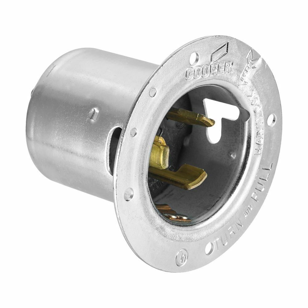 Eaton Arrow Hart California standard locking flanged inlet, #10-6 AWG, 50A, Industrial, 125/250V, Steel, Non-NEMA, Three-pole, Four-wire, Nylon, California standard