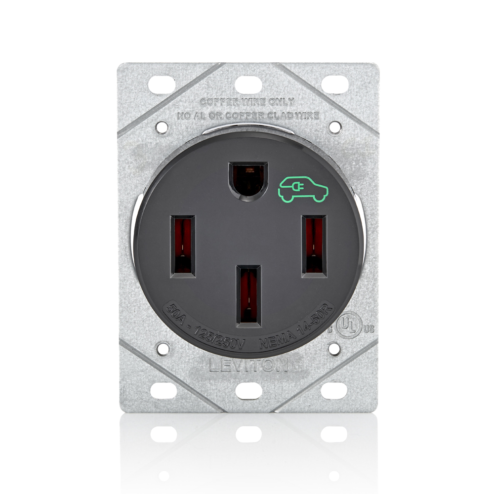 50 Amp, 125/250 Volt, NEMA 14-50R, 3-Pole, 4-Wire, Heavy Duty Flush Mount EV Charging Receptacle/Outlet, Straight Blade, Industrial Grade, Grounding, Side Wired, Steel Strap - Black