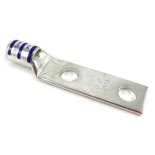 Copper Two-Hole Lug, Standard Barrel, Peep Hole, Max 35kV, Wire Size 4/0 AWG, 1/2 Inch Bolt Size, 1-3/4 Inch Hole Spacing, Tin Plated, Die Code 54, Die Color Code Purple