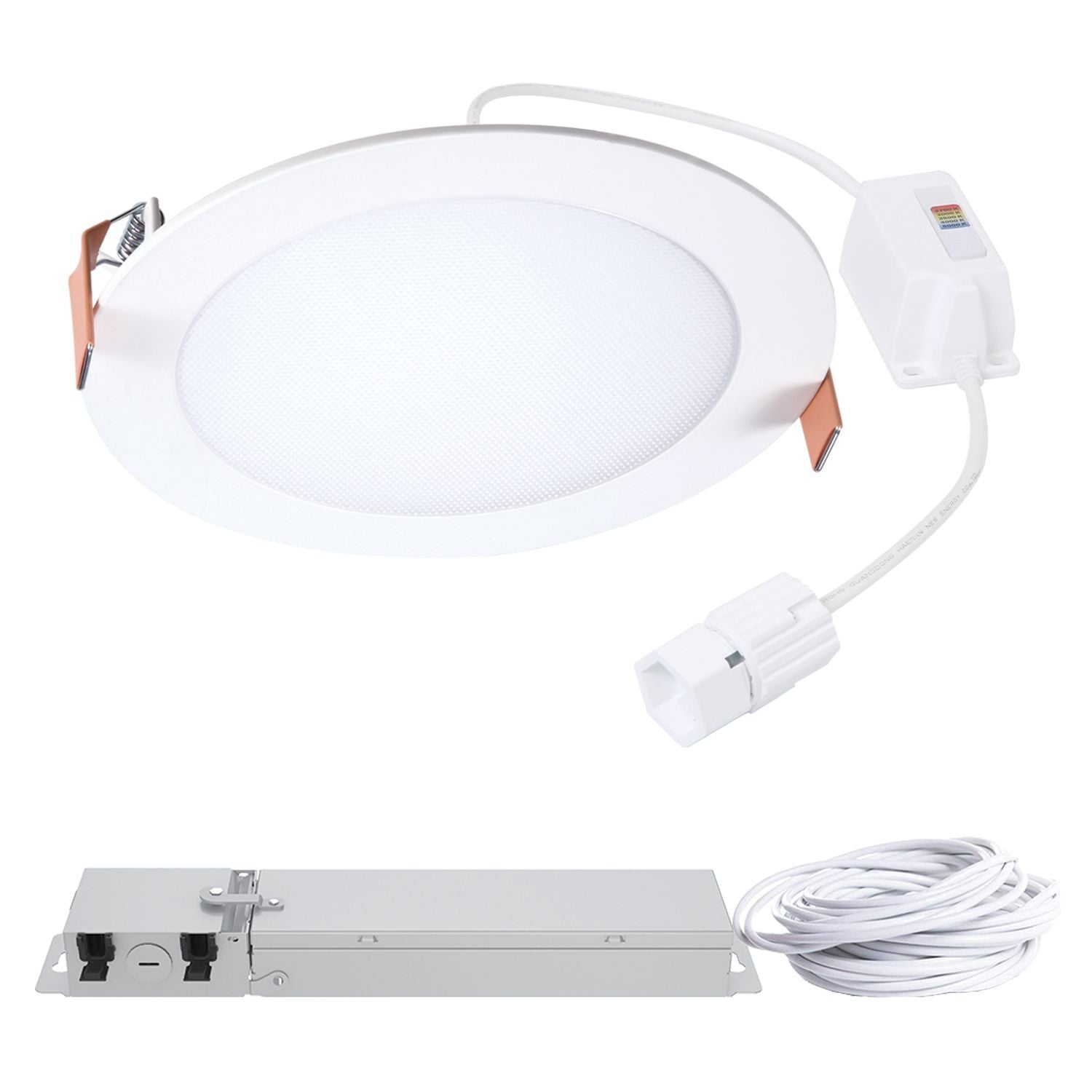 6-inch HLB QuickLink Low Voltage Lighting, 900 lumens (nominal), 90 CRI min, 5-color selectable CCT, 120V, phase cut 5% dimming.
