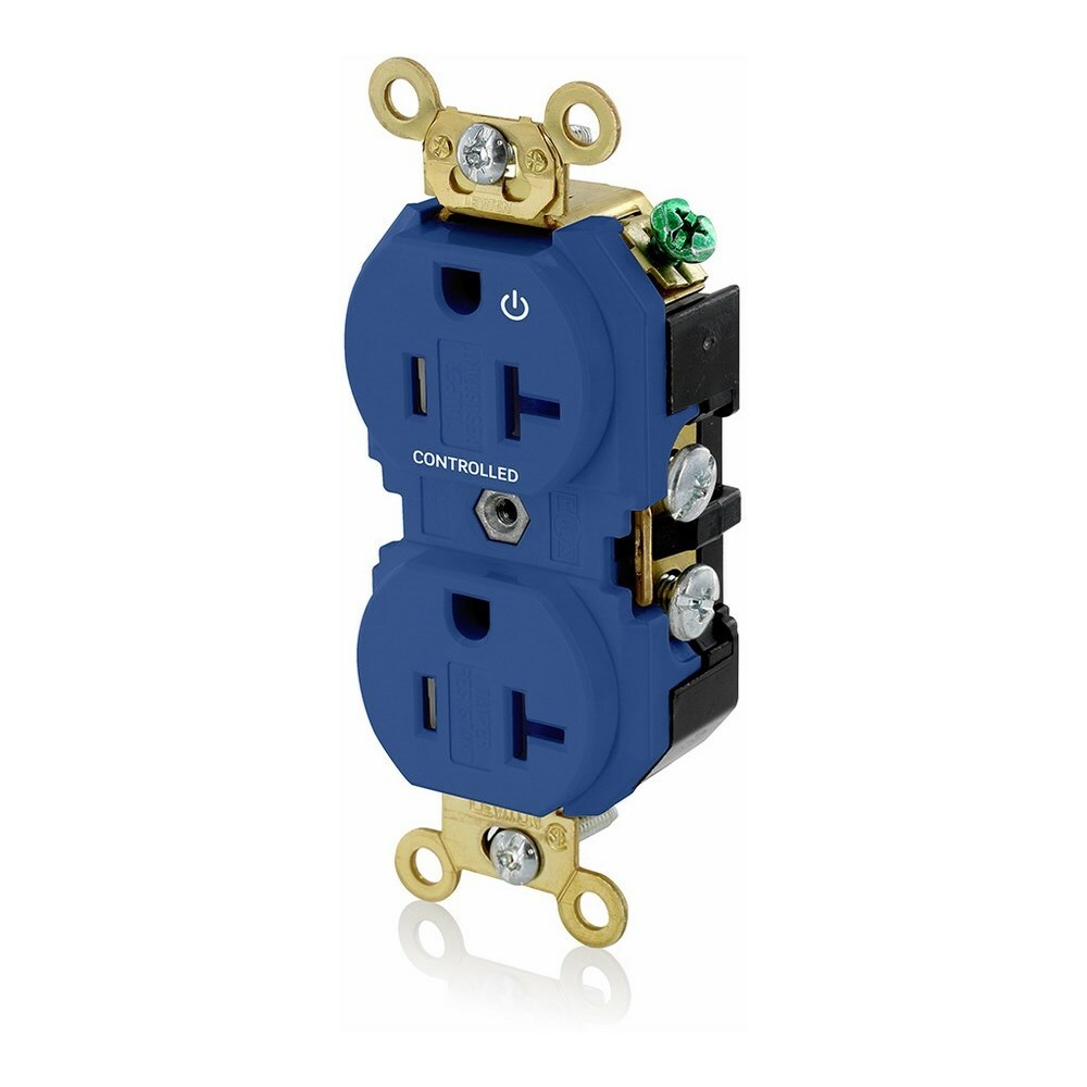 20 Amp. 125 Volt. NEMA 5-20R. 2P/3W. Industrial Series Extra Heavy Duty Specification Grade. Duplex Receptacle. Hot Terminal Split w/1 Plug Controlled. Straight Blade. Self Grounding. Back And Side 8 Hole Feed-Thru Wired. Contractor Pack - Blue
