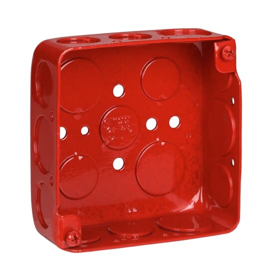 Square Box, 21 Cubic Inches, 4 Inch Square x 1-1/2 Inch Deep, 1/2 Inch and 3/4 Inch Knockouts, Red, Pre-Galvanized Steel, For use with Conduit