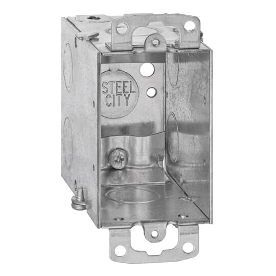 Gangable Switch Box, 18 Cubic Inches, 3 Inches Long x 2 Inches Wide x 3-1/2 Inches Deep, 1/2 Inch Knockouts, Pre-Galvanized Steel, Non-Metallic Cable Clamps (C-5) and Ears Flush, For use with Non-Metallic Sheathed Cable