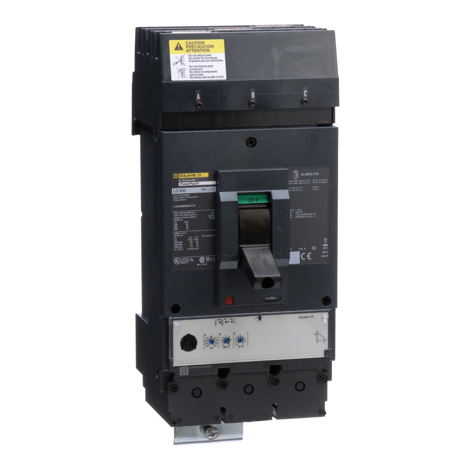 Circuit breaker, PowerPacT L, 600A, 3 pole, 600VAC, 18kA, I-Line, MicroLogic 3.3, 80%, ABC