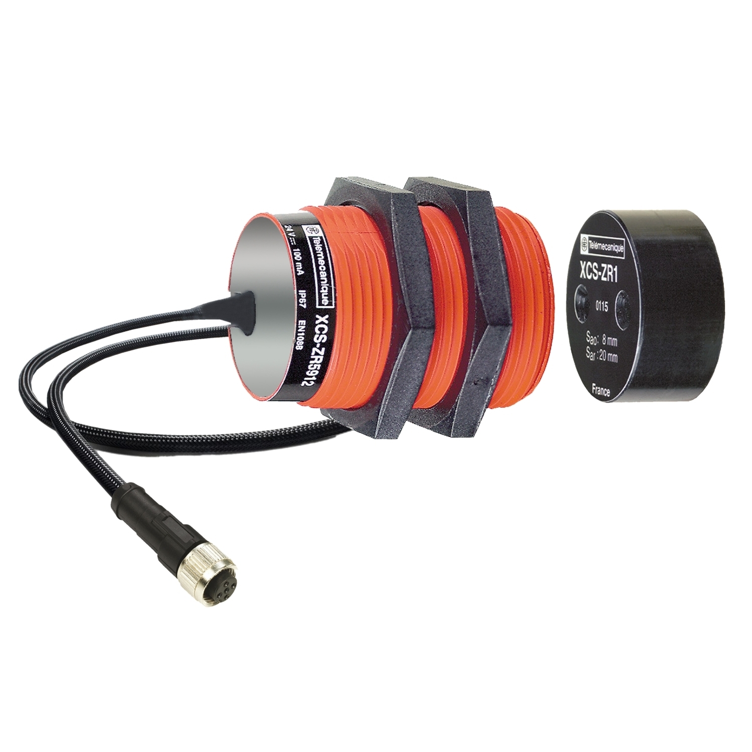 Coded magnetic switch, Telemecanique Safety switches XCS, XCSDMR, 2 NC, staggered, M12 0.15 m