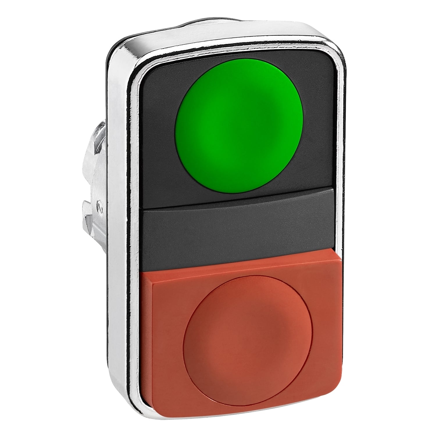 Head for double headed push button, Harmony XB4, metal, 22mm, 1 green flush unmarked+1 red projecting unmarked