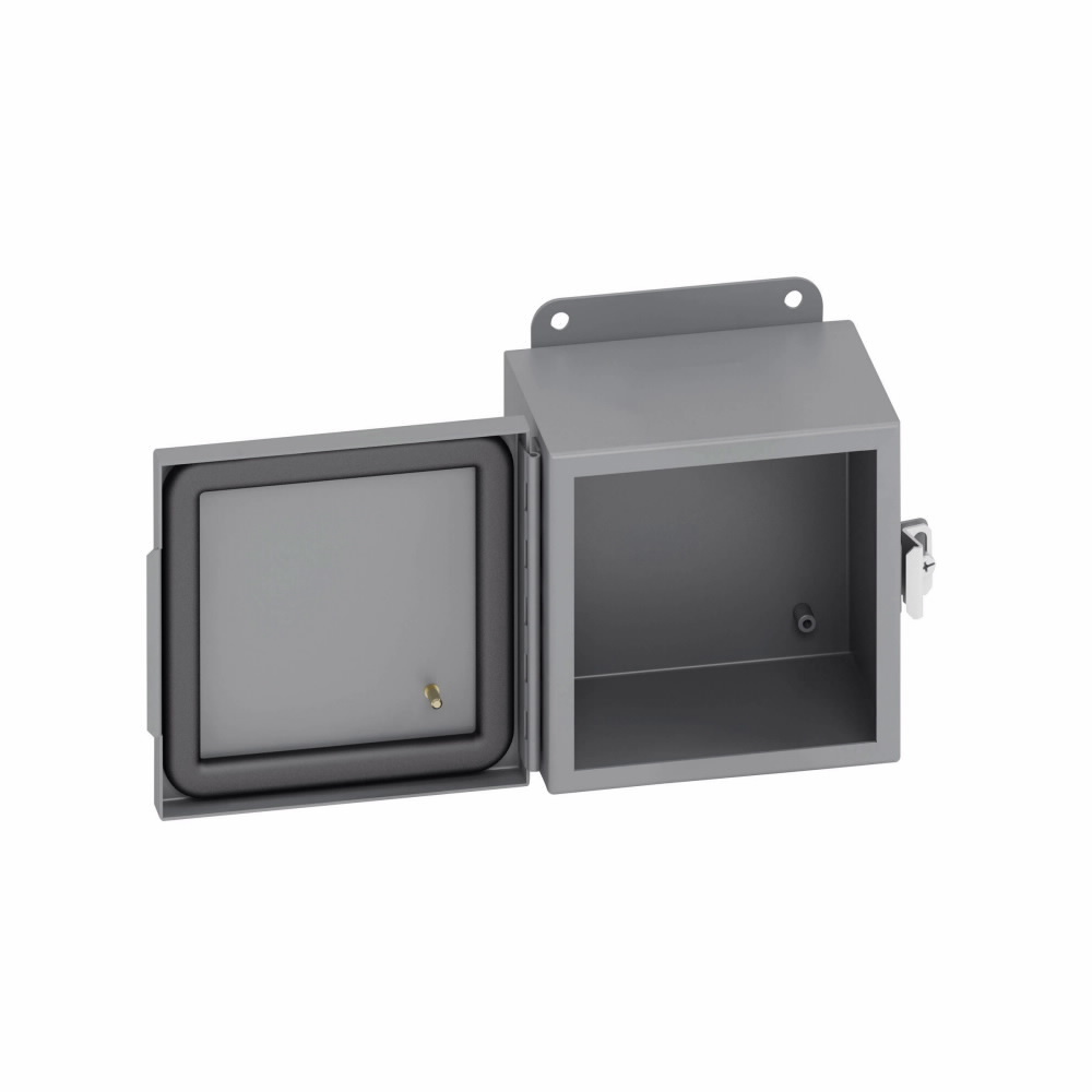Eaton B-Line series JIC panel enclosure, 10" height, 4" length, 8" width, NEMA 4, Hinged cover, 4CHC enclosure, Wall mount, Small single door, External mounting feet, Carbon steel, Seamless poured in-place gasket