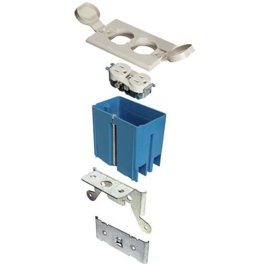 Single Gang Adjustable Residential Floor Box, 20 Cubic Inches, Cover White, Non-Metallic, Tamper Resistant Duplex Receptacle