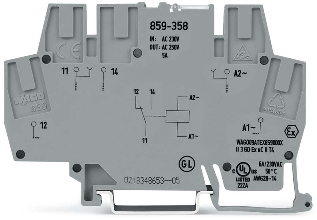 Relay module; Nominal input voltage: 230 V AC/DC; 1 changeover contact; Red status indicator; Module width: 6 mm; 2,50 mm; gray