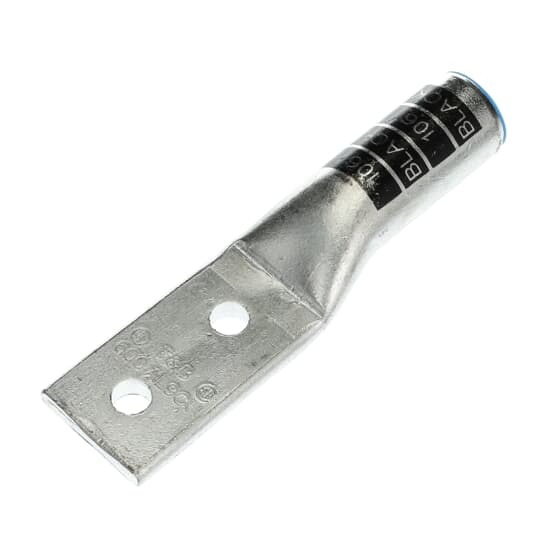 Aluminum Two-Hole Lug, Long Barrel, Blind End, Max 35kV, 600 kcmil Wire, 1/2 Inch Bolt Size, 1-3/4 Inch Hole Spacing, Tin Plated, Die Code 106H, Die Color Code Black