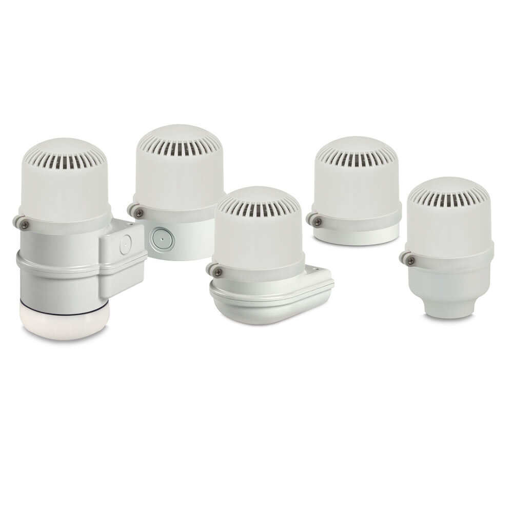 StreamLine Modular High Output Electronic Sounder, Gray - Compatible with 12-24VAC/DC or 120-240VAC(a). PLC compatible with PNP or NPN connections(a). Produces two tones. Choice of 64 selectable tones. Adjustable volume between 55 dBa to 105 dBa at 10 feet (65 to 115 dBa at 1 meter). Five mounting base options. Type 3R, IP65 enclosure. CE Certified. UL and cUL listed. Notes: (a)Voltage and PLC connections are dependent on selected base.