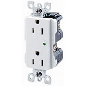 15 Amp, 125 Volt, NEMA 5-15R, 2P, 3W, Decora Plus Duplex Receptacle, Straight Blade, Industrial Grade, Self Grounding, Surge w/ Indicator Light, Back & Side Wired, Steel Strap, - Light Almond