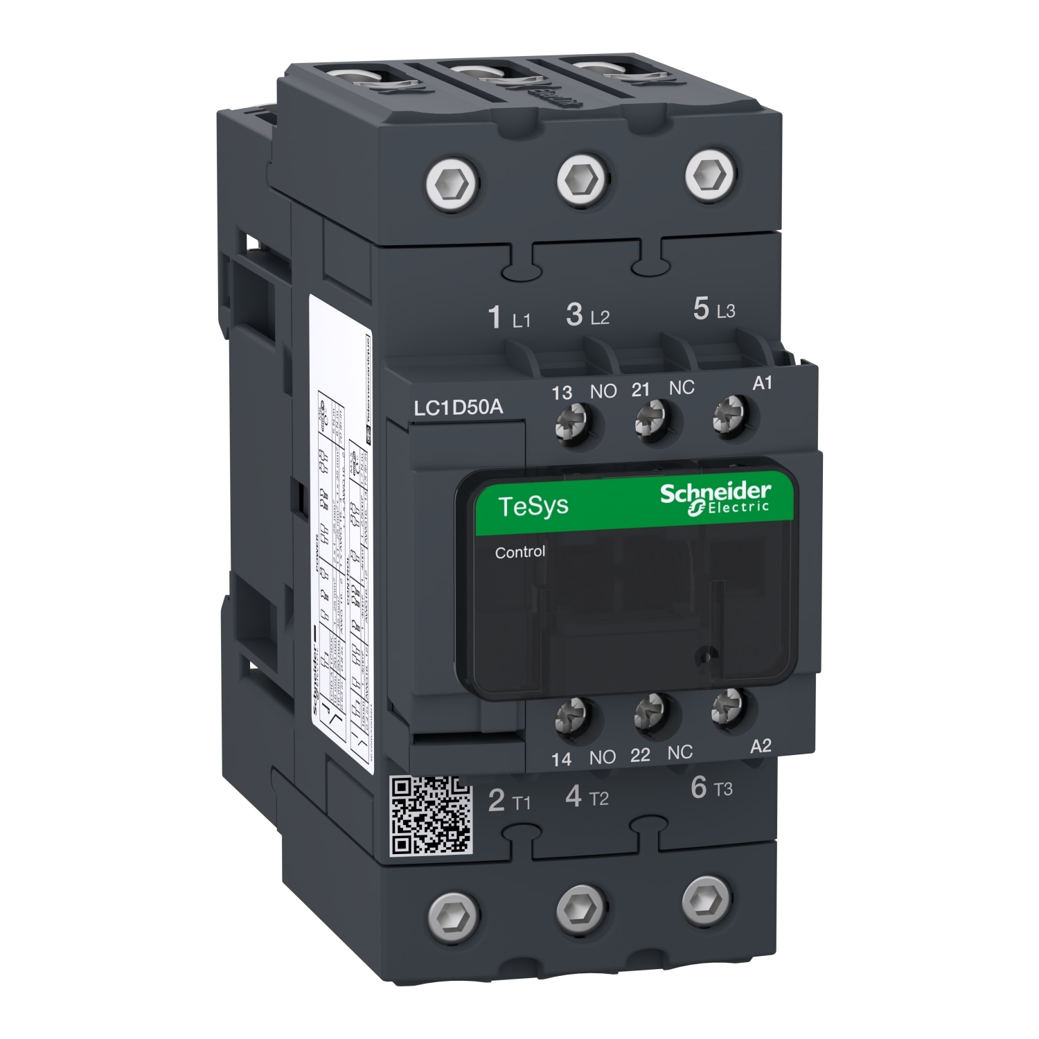 IEC contactor, TeSys D, nonreversing, 50A, 40HP at 480VAC, up to 100kA SCCR, 3 phase, 3 NO, 277VAC 50/60Hz coil, open