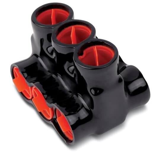 AMT 3 Multi-Port Both Sides PVC Connector, Ultraviolet Resistant, Wire Range 500 kcmil-4 Str, Length 3.99 Inches, Width 3.0 Inches, Height 2.75 Inches, Hex Size 3/8 Inch, Black Insulation