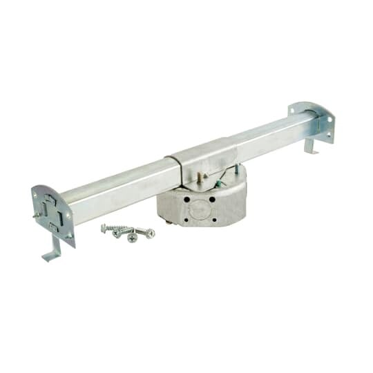 Octagon Ceiling Fan Box, 15.8 Cubic Inches, 4 Inch Diameter x 1-1/2 Inches Deep, 1/2 Inch Knockouts, Pre-Galvanized Steel, Drawn Construction, with Non-Metallic Cable Clamps (C-5) and New Work Bar Hanger with 16 Inch to 24 Inch Length, For use with Non-Metallic Sheathed Cable