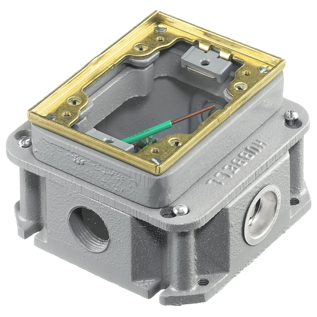 Flush Concrete Floor Box Series, 1-Gang, Rectangular Cast Iron Box, Deep, Fully Adjustable, Single Service, Brass Top