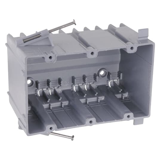 Three-Gang Nail-On New Work Outlet Box, Volume 56.5 Cubic Inches, Length 5-13/16 Inches, Width 3-5/8 Inches, Depth 3-7/16 Inches, Color Blue, Material PVC, Mounting Means Compound Angled Nails, and 3/8 Inch Offset Wallboard Tabs Molded Fast Clamp