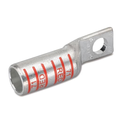 Copper One-Hole Lug, Standard Barrel Lug - Narrow Tongue, Peep Hole, Max 35kV, Wire Size 350 kcmil, 3/8 Inch Bolt Size, Tin Plated, Die Code 71, Die Color Code Red