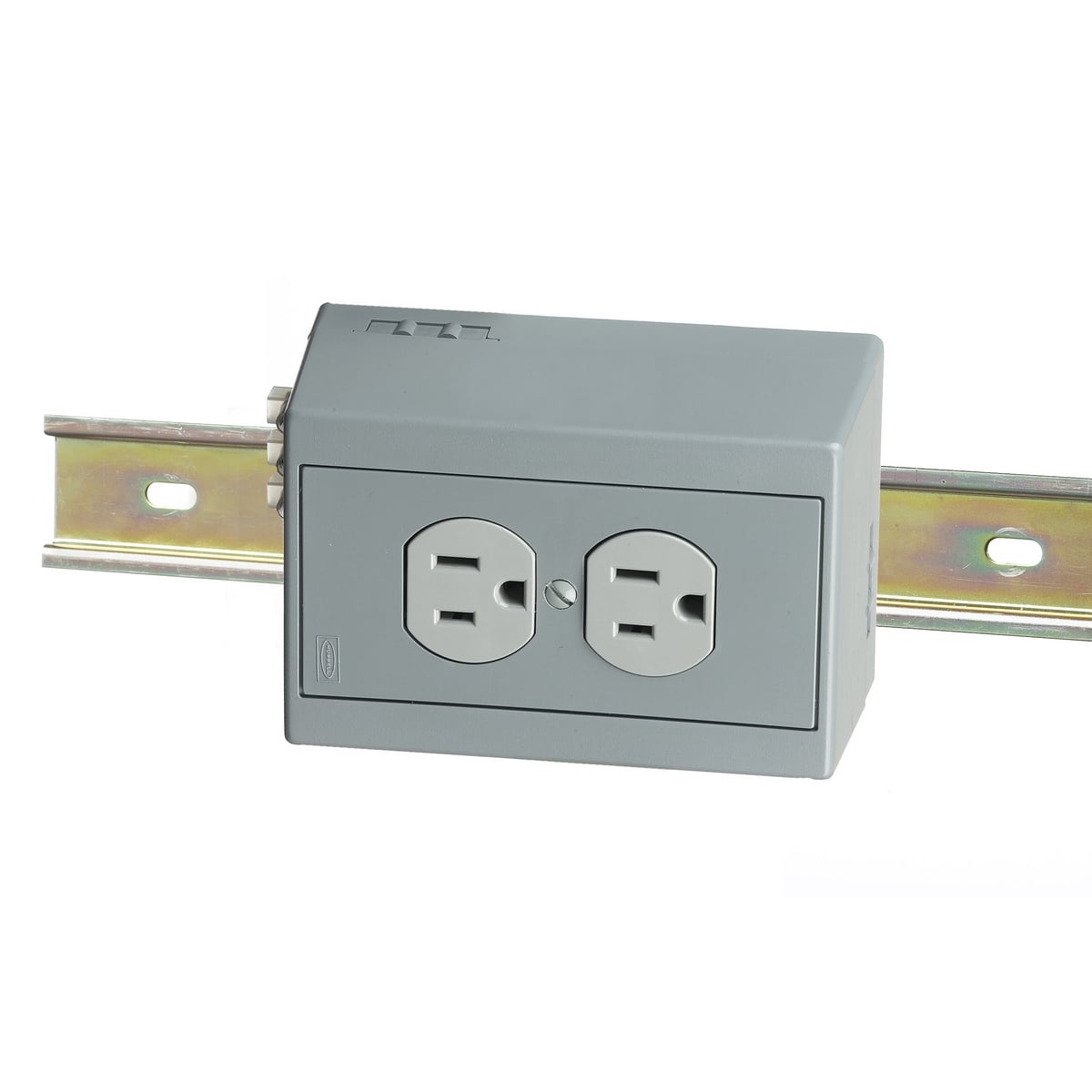 DIN Rail Utility Box, Complete Unit- Duplex Receptacle with 5A Circuit Breaker, Horizontal, 1)15A Gray.