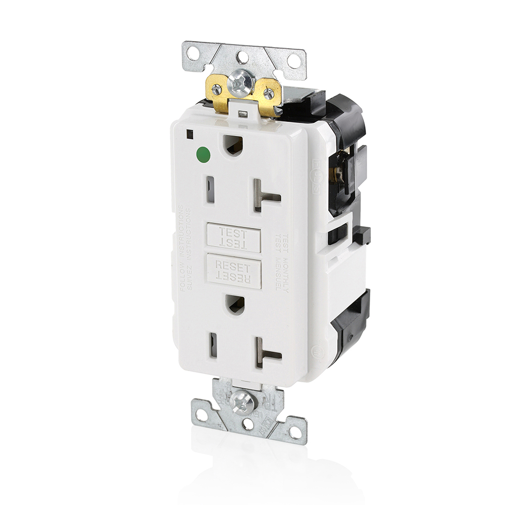 20 Amp, 125 Volt, SmartlockPro Slim Lev-Lok  Self-Test GFCI Receptacle, Extra-Heavy Duty Hospital Grade, Tamper-Resistant, 20A Feed-Through, NEMA 5-20R, 2P, 3W, Modular Terminals  WHITE