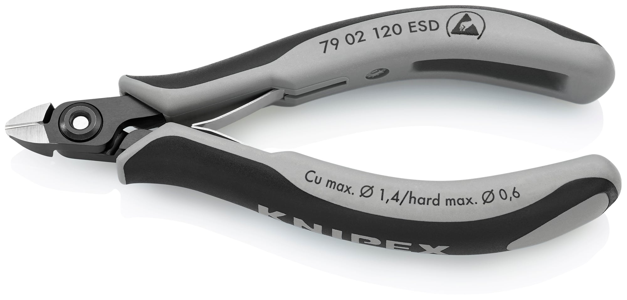 Electronics Diagonal Cutters-ESD Handles, 4 3/4 in., Multi-Component, Polished, Semi-Flush with very Small Bevel Cut, Oval Head, Up to 1/64 in. Hard Wire