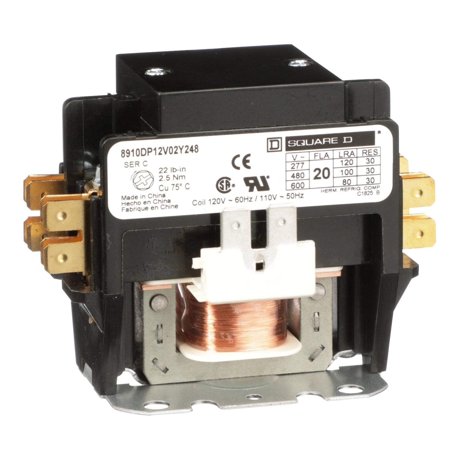 Contactor, Definite Purpose, 20A, 2 pole, 110/120VAC 50/60Hz coil, open, with cover