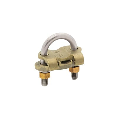 U-Bolt Copper Ground Clamp, Stainless Steel U-Bolt, Wire Range 4  - 2/0 AWG, Rod Size 7/8 - 1 Inch, IPS Pipe Size 1/2 - 3/4 Inch, Length 2-3/4 Inches, Width 2-5/8 Inches, Depth 1-9/16 Inches