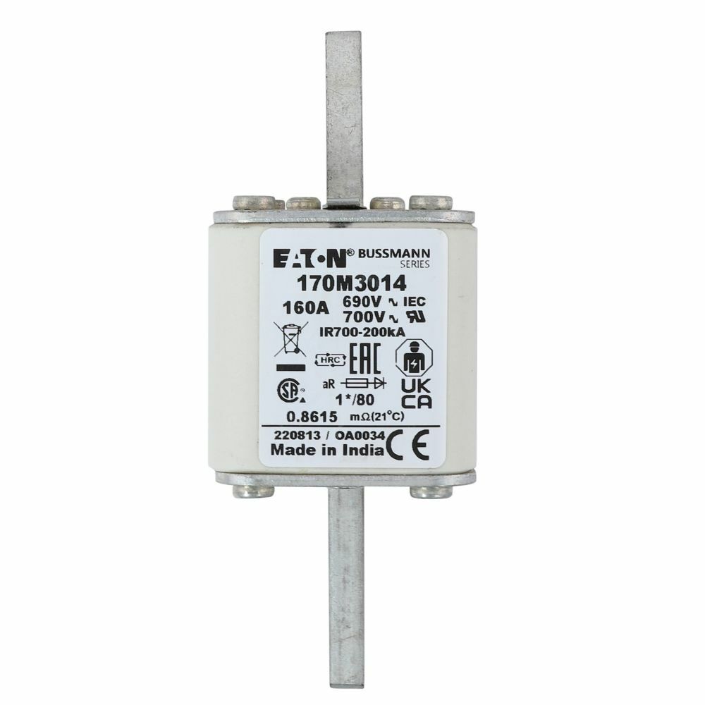 Eaton Bussmann series high speed square body fuse, 700V (UL), 690V (IEC), 160A, 200 kAIC, Top fuse status indicator, Fuse, Blade end X blade end, Class aR, DIN 43 620 - 170M3014
