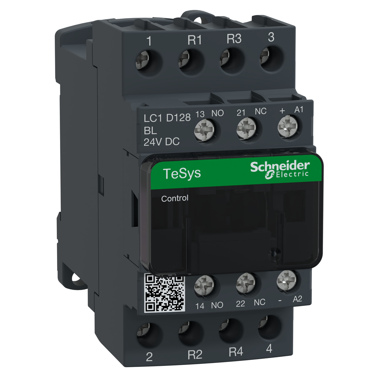 IEC contactor, TeSys Deca, nonreversing, 25A resistive, 4 pole, 2 NO and 2 NC, low consumption 24VDC coil, open style