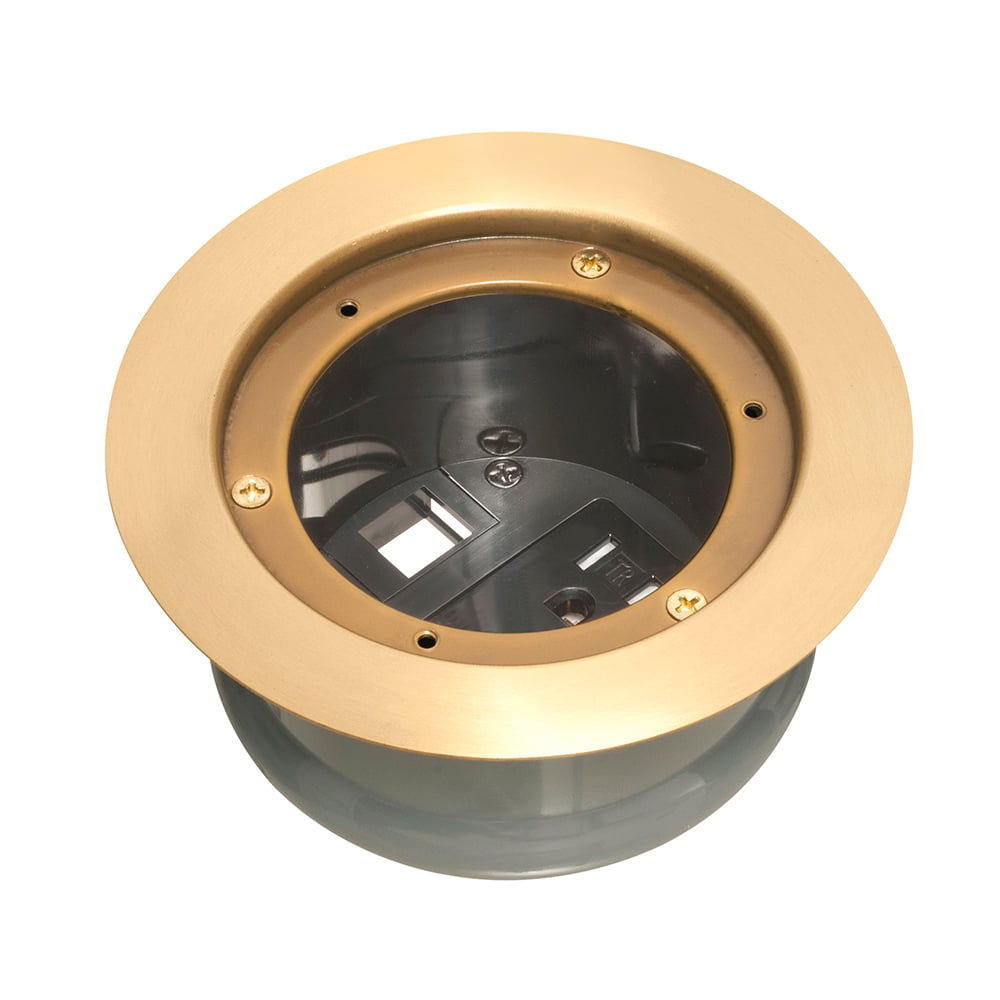 InBox cover kit. Recessed receptacle and low voltage keystone for new concrete. Installs in Arlington's FLBC4500 and FLBC4502 box. Metallic brass-plated cover.