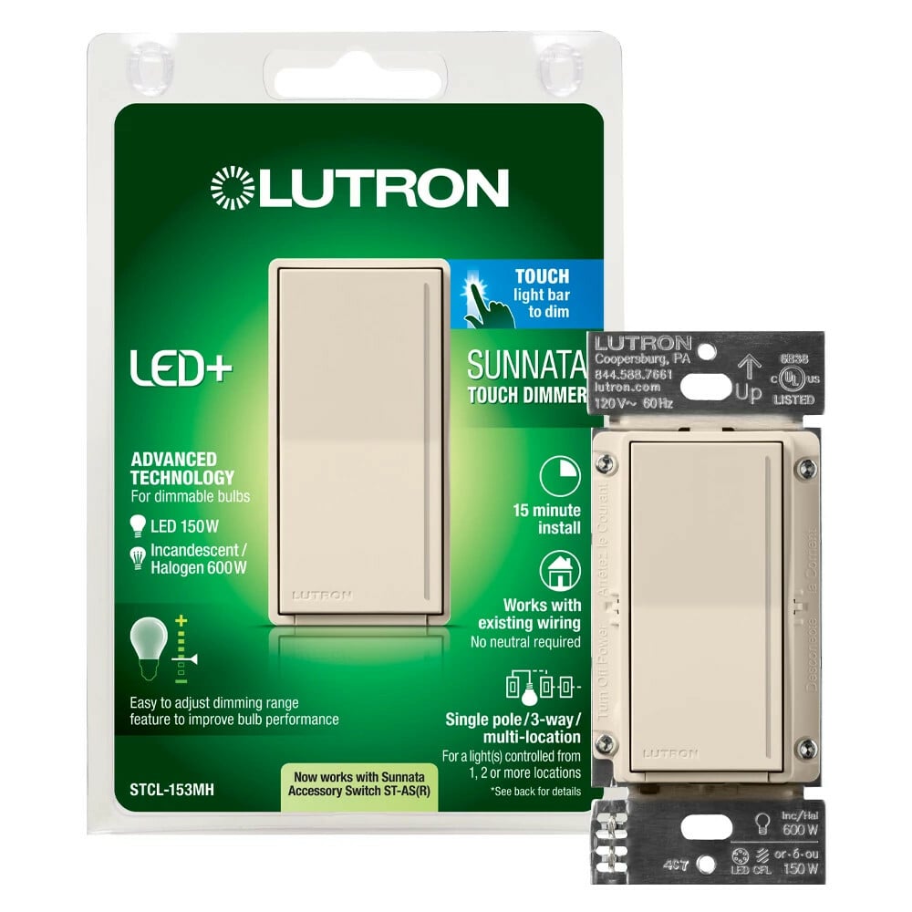 Lutron Sunnata LED+ Touch Dimmer, Single-Pole/3-way Multi-Location Dimmer, 120V, 150W LED or 600W Incandescent/Halogen, Light Almond