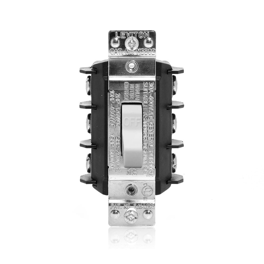 30 Amp, 600 Volt, Double-Pole, Single Phase AC Manual Motor Controller, Suitable as Motor Disconnect, Toggle, Industrial Grade, Non-Grounding, Back- Side Wiring, - White